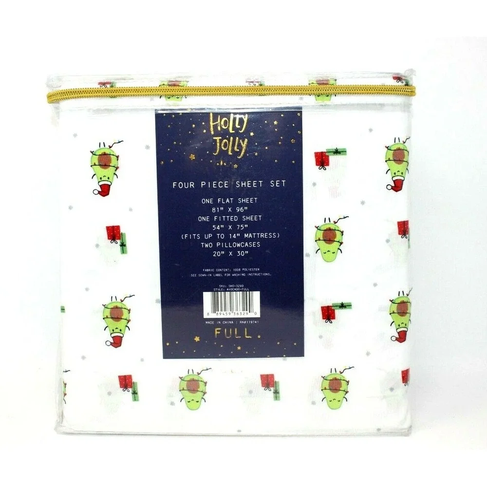 Holly Jolly FULL 4 Piece Sheet Set Christmas Santa Avocados